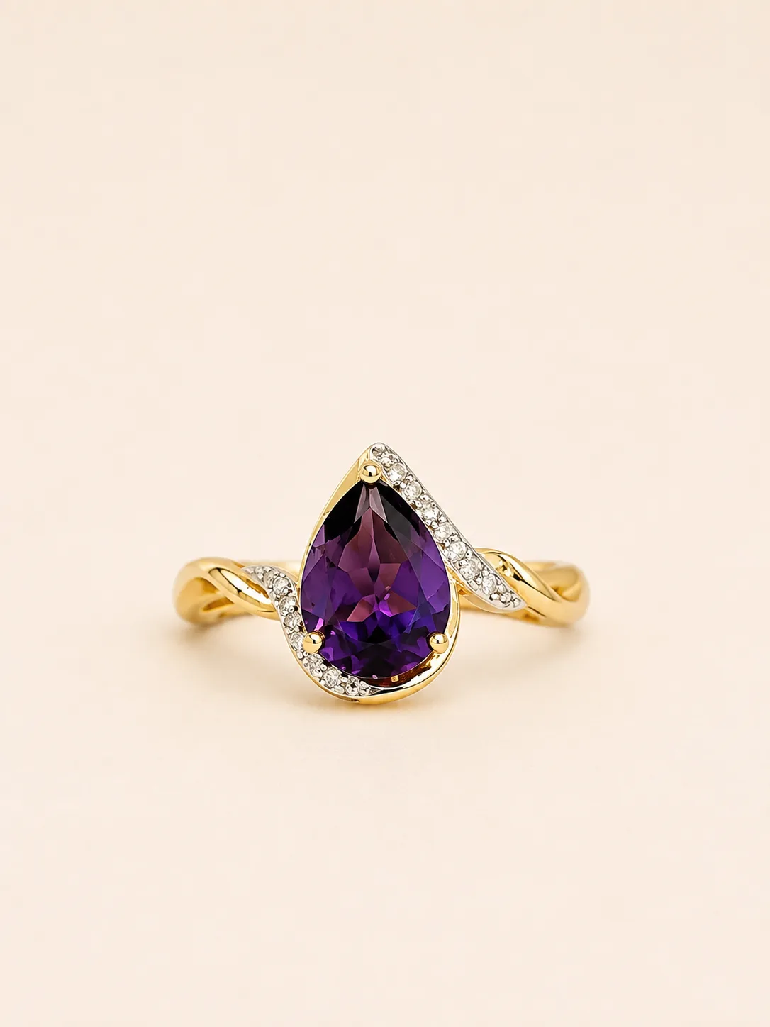 TR40 ANILLO ORO 14K AMATISTA PERA 7X5MM DIAMANTE NATURAL 0.25PTS - Imagen 1